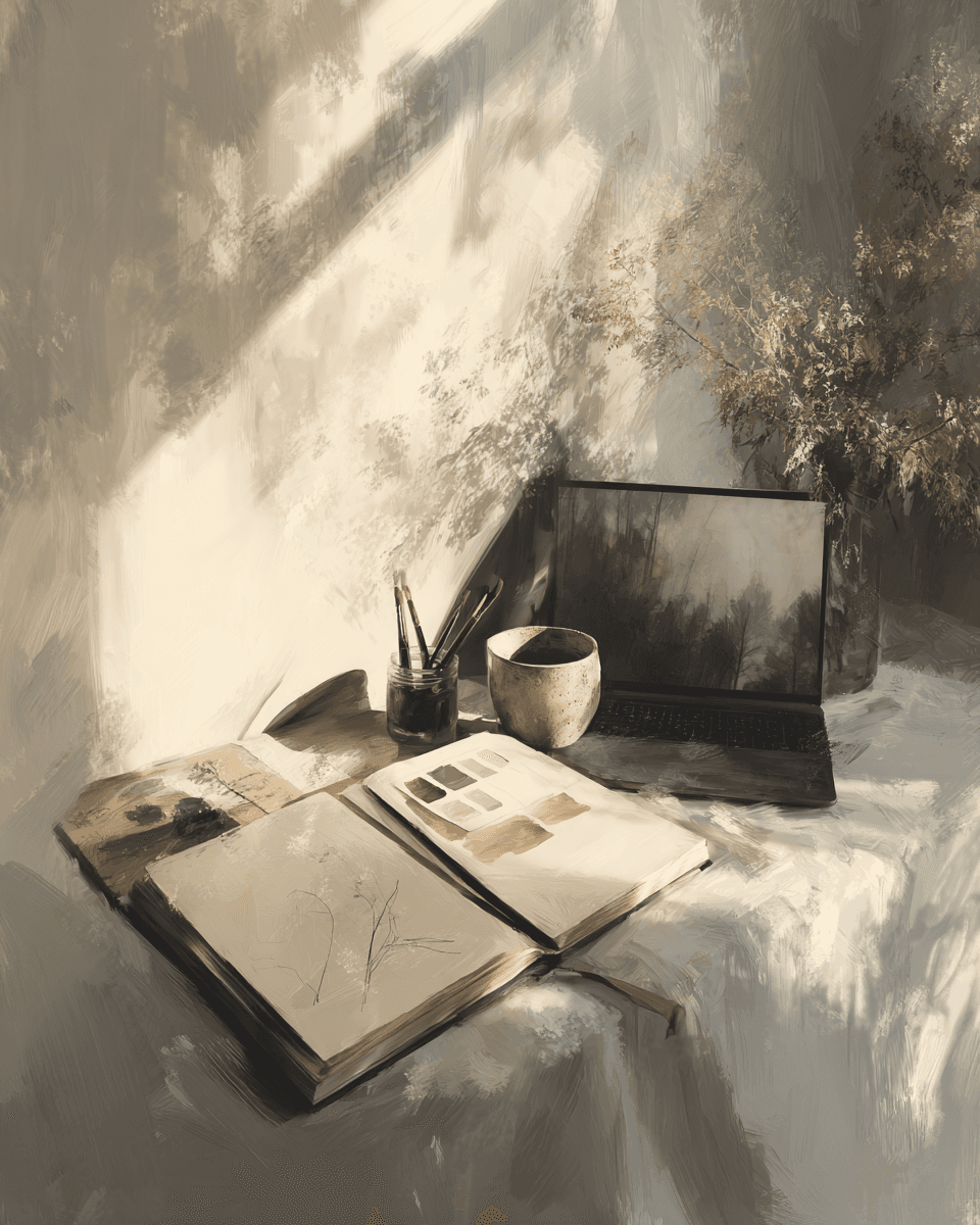 Bureau d’atelier avec carnets de dessin, nuancier de couleurs et outils posés sur une table en bois clair.