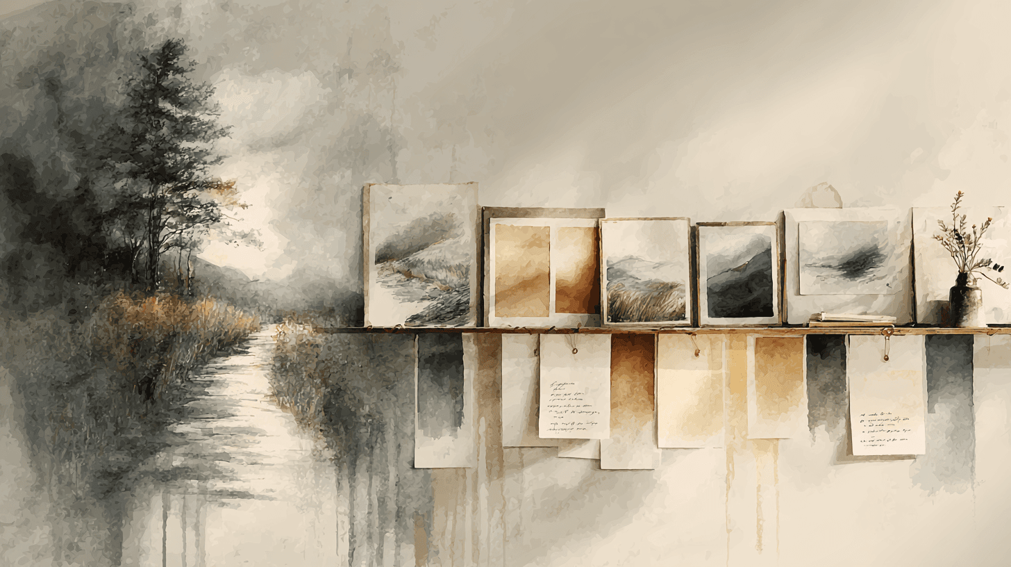 Frise visuelle évoquant l’évolution d’un projet artistique : croquis, palettes, écrans et carnets alignés.