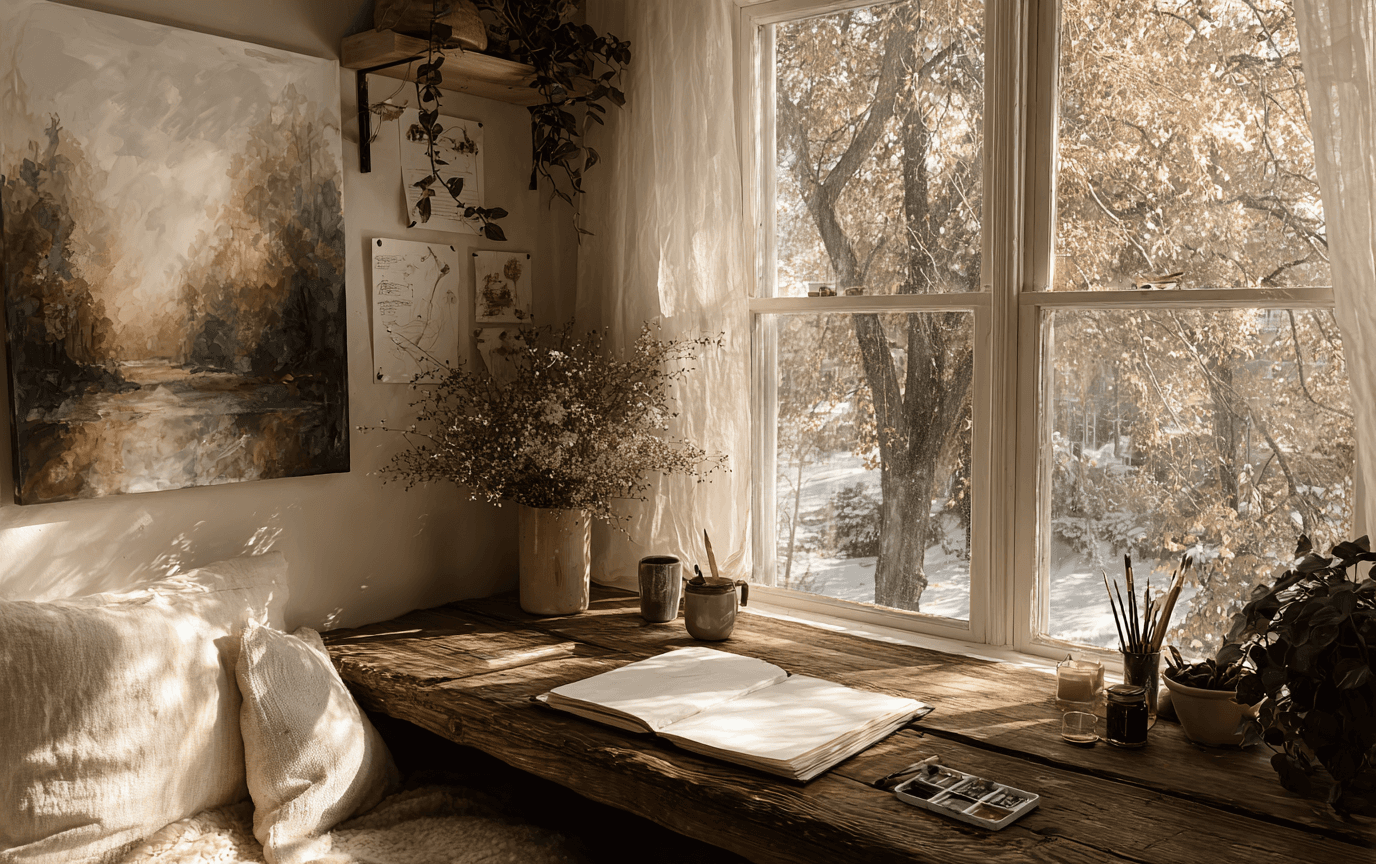 Coin d’atelier lumineux avec plantes, livres d’art, carnet ouvert et nuancier de couleurs.