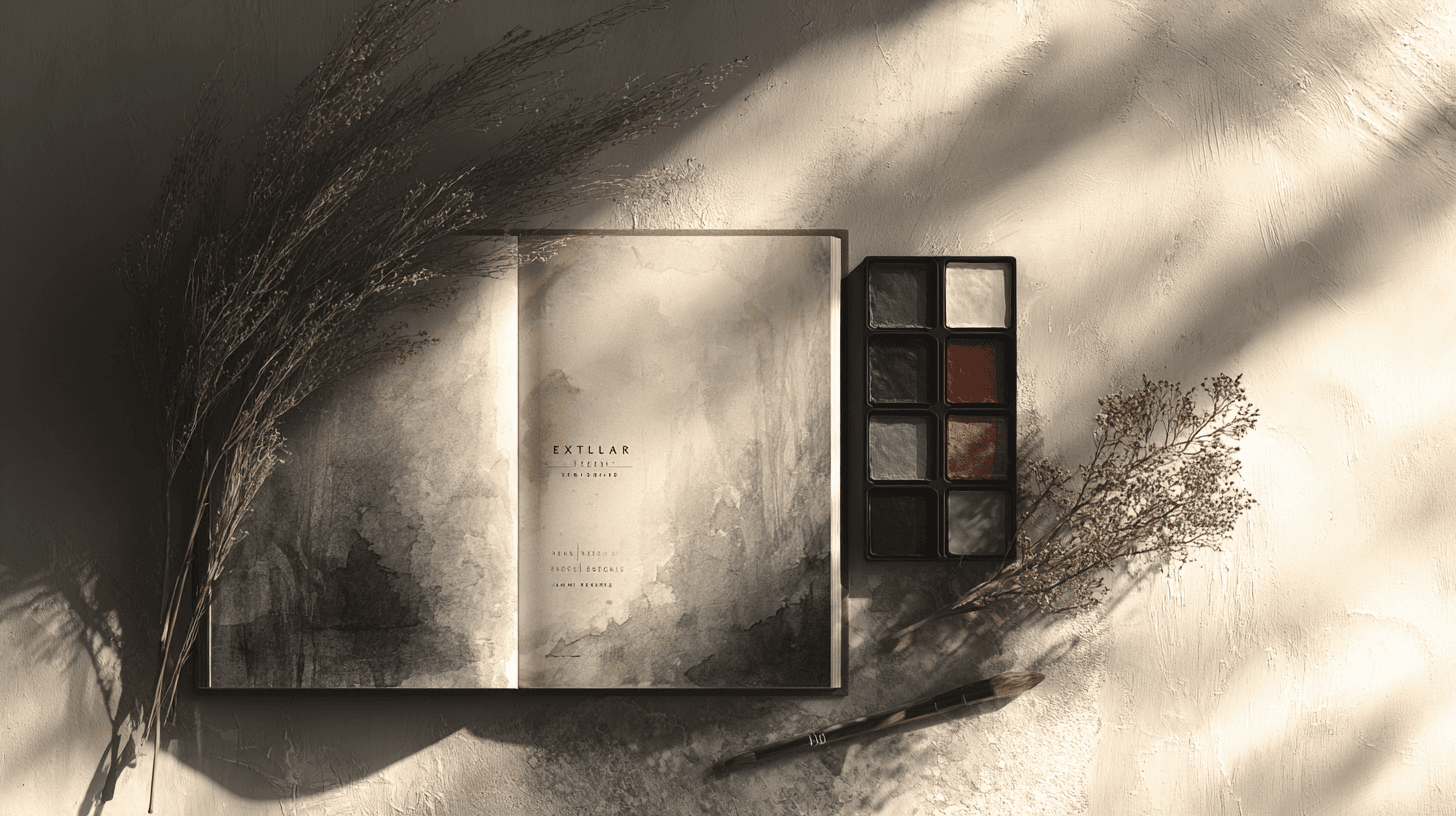 Atelier calme avec carnets de croquis, pinceaux et nuancier de couleurs